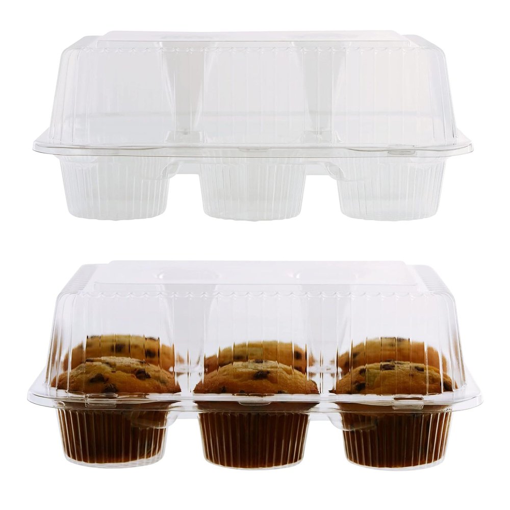 [100 Pack] Clear Plastic 6 Compartment Muffin Containers - Disposable Clear Cupcake Boxes - 6 Cavity Holders with Hinged Design - Half Dozen Cupcake Clamshell - Deep - Bakery, Takeout, Wedding, Party
