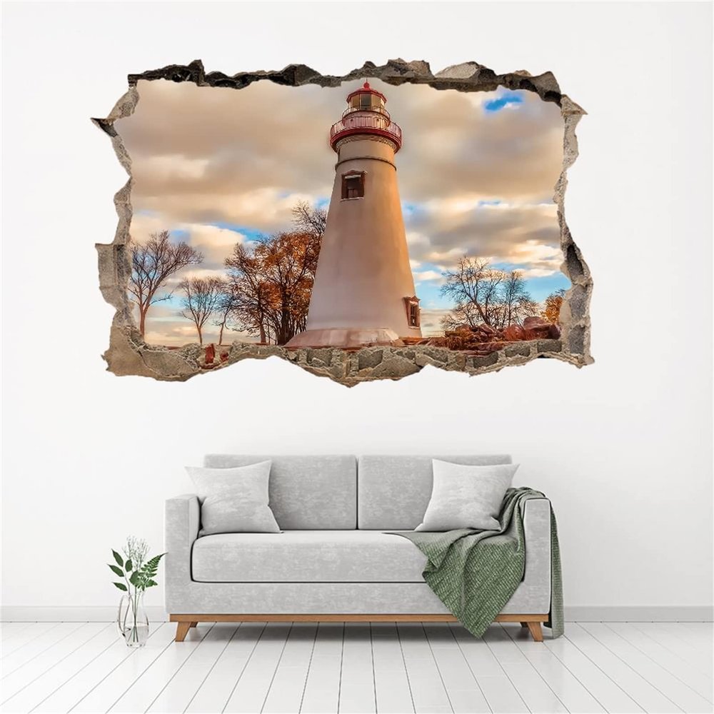 3D Wall Decal | Lighthouse Art Vinyl Decor Sticker | Landscape Removable | Peel and Stick | Cracked Border Girls Boys Bedroom Nursery Room Decor 47 x 31 Inch