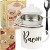 Bacon Grease Container with Strainer - With Food-Grade Silicone Spatula , 46oz Large Enamel Rustic Farmhouse Fat Container , Keeper , Recipes , Dishwasher Safe view 1