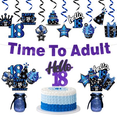 WATINC 42pcs 18th Blue Black Purple Birthday Banner Party Decoration, Time to Adult Hanging Garland Swirls Sign for 18 Years Old Boys Girls Bday Party Favor, Blue Black Purple Cake Topper Centerpieces