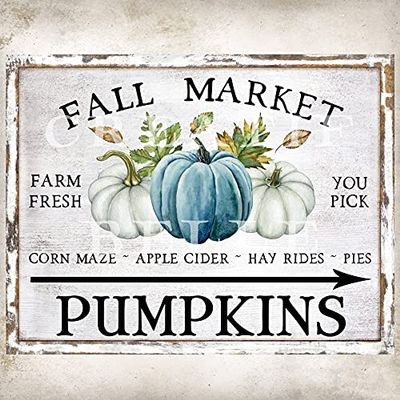 HOUVSSEN Fall Market Blue Pumpkin Sign Fall Wreath Decor with Quotes with Sayings Wooden Signs Decor Farmhouse 5x10 Wood Sign