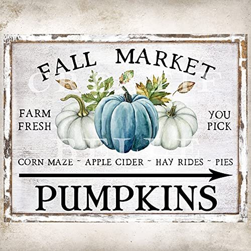 HOUVSSEN Fall Market Blue Pumpkin Sign Fall Wreath Decor with Quotes with Sayings Wooden Signs Decor Farmhouse 5x10 Wood Sign