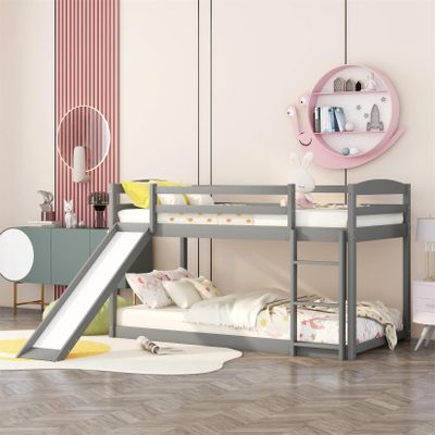 Bellemave Low Bunk Beds Twin Over Twin Bunk Bed with Slide Wood Beds Frame for 2 Kids Boys Girls Teens, Gray