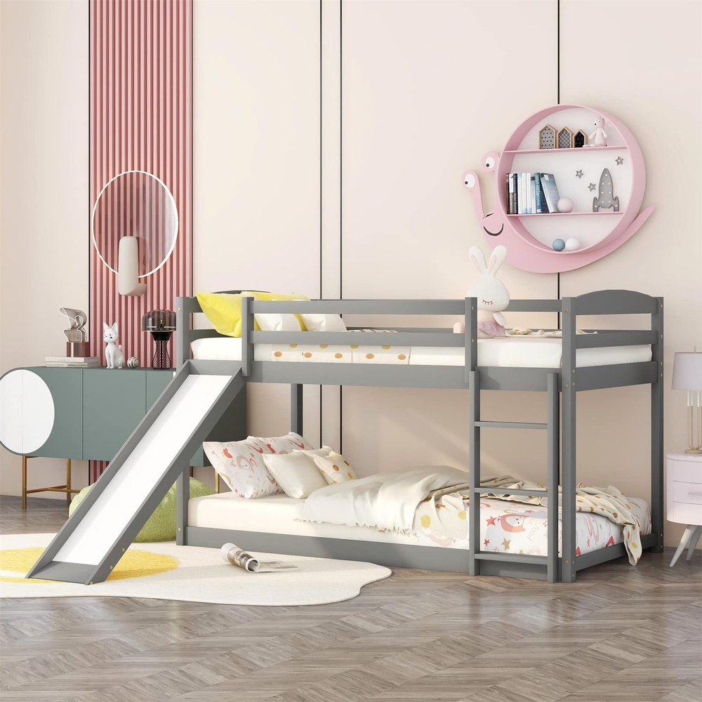 Bellemave Low Bunk Beds Twin Over Twin Bunk Bed with Slide Wood Beds Frame for 2 Kids Boys Girls Teens, Gray
