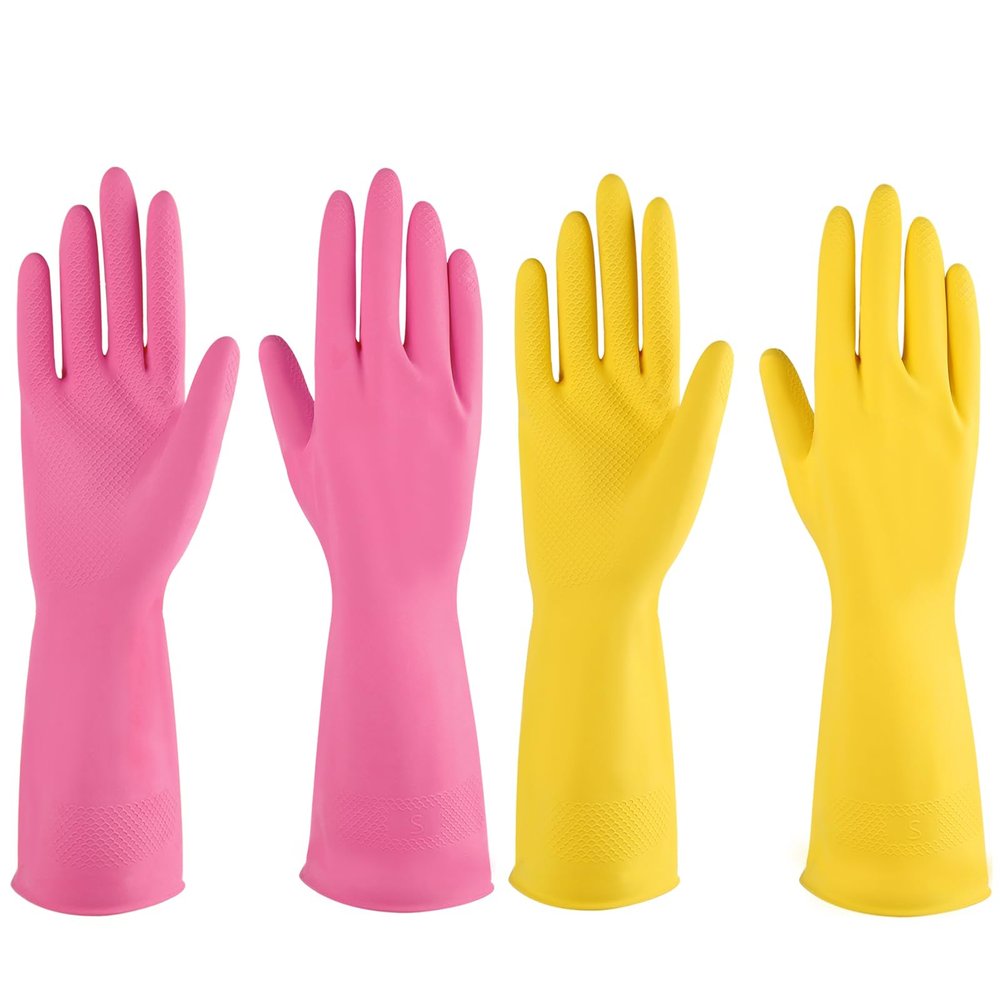 IUCGE Rubber Gloves, 4 Pairs, Small (Pack of 4), Pink+Yellow, Unisex