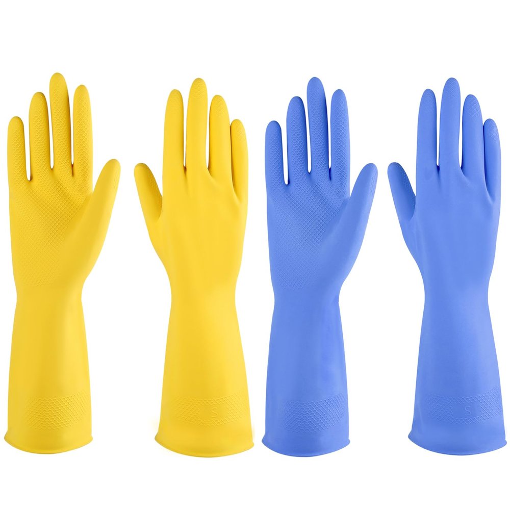 IUCGE Yellow+Blue Rubber Gloves, 4 Pairs, Small, Reusable, Anti-slip Design, Protective Gloves