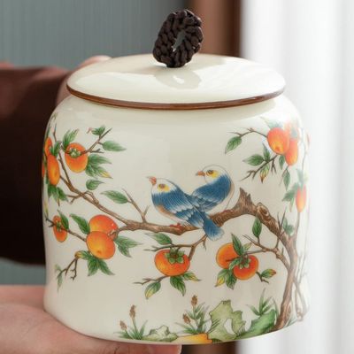 4.5inch Persimmon Bird Pattern Ceramic Tea Caddy Sealed Tea Cans Storage Jar Home Decor