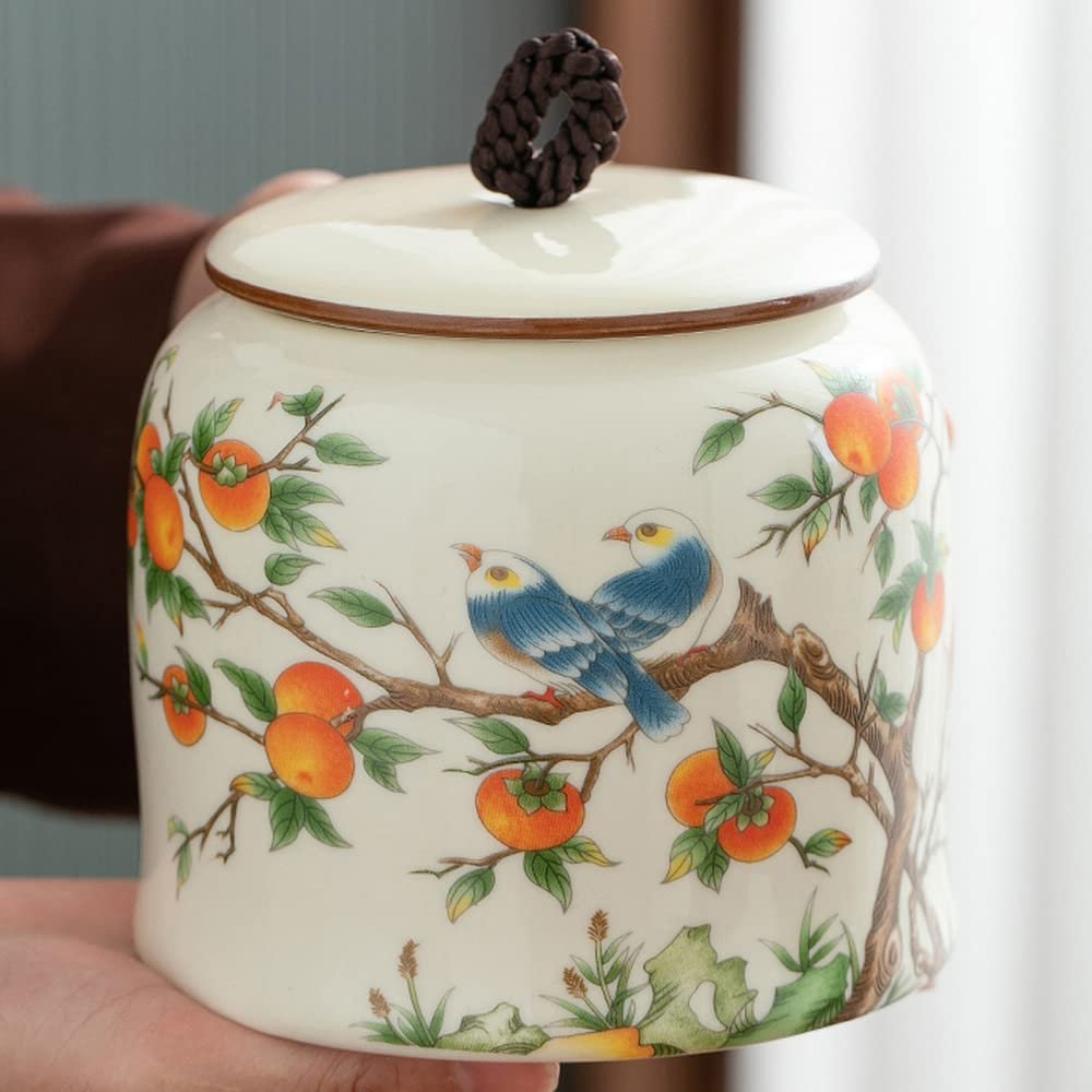 4.5inch Persimmon Bird Pattern Ceramic Tea Caddy Sealed Tea Cans Storage Jar Home Decor