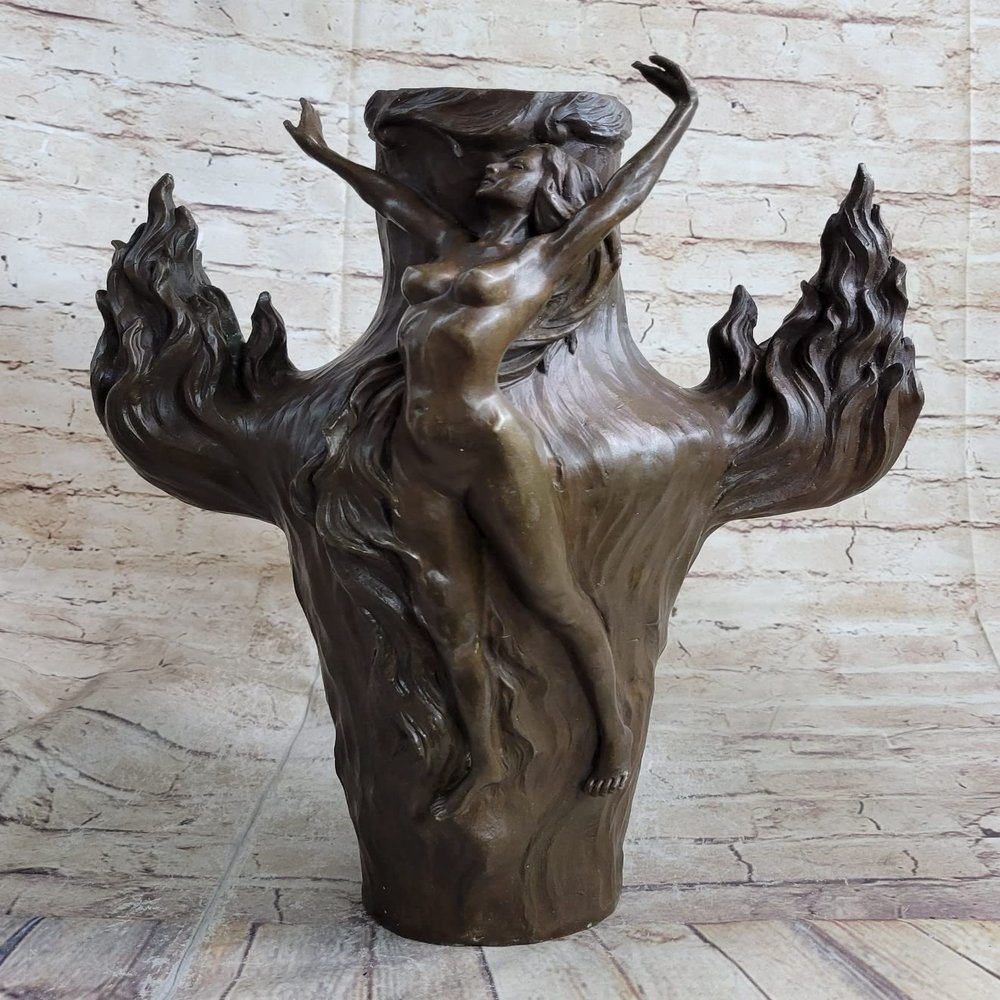 EUROPEAN BRONZE Classic Artwork FIRE Dance VASE by Chalon French Artist Sculpture Statue Nude Gift Deal Handmade Art