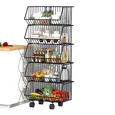 SRHWBF 2/3/4/5 Tier Metal Wire Storage Baskets Toy Organizer Basket Shelf with Wheel Adjustable Rolling Cart Hanging Fruit Storage Baskets for Bedroom Kitchen Bathroom (5 40cm/15.75in)