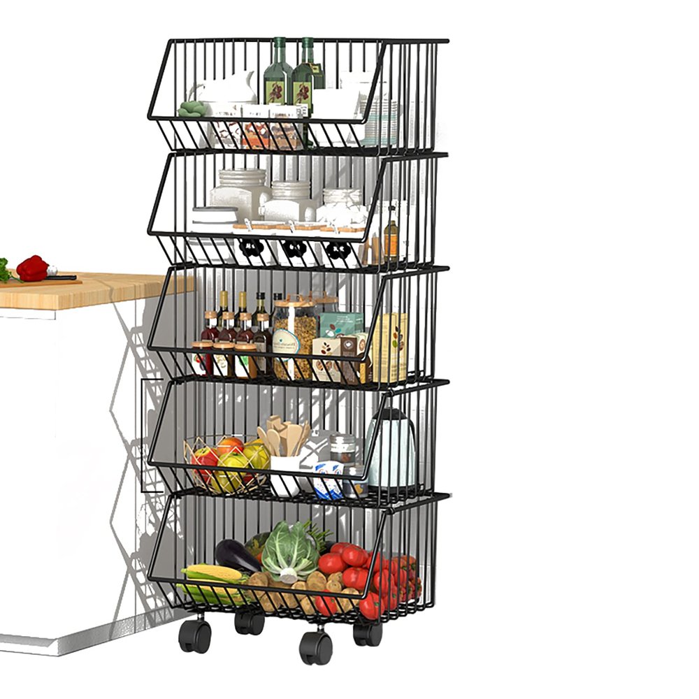 SRHWBF 2/3/4/5 Tier Metal Wire Storage Baskets Toy Organizer Basket Shelf with Wheel Adjustable Rolling Cart Hanging Fruit Storage Baskets for Bedroom Kitchen Bathroom (5 40cm/15.75in)