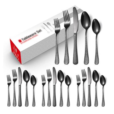 20 Piece Silverware Set, Stainless Hammer Handle Steel Flatware Set,cutlery Set For 4, Travel Portable Fork Knife Spoon Set (Color : Black, Size : 20 PCS)