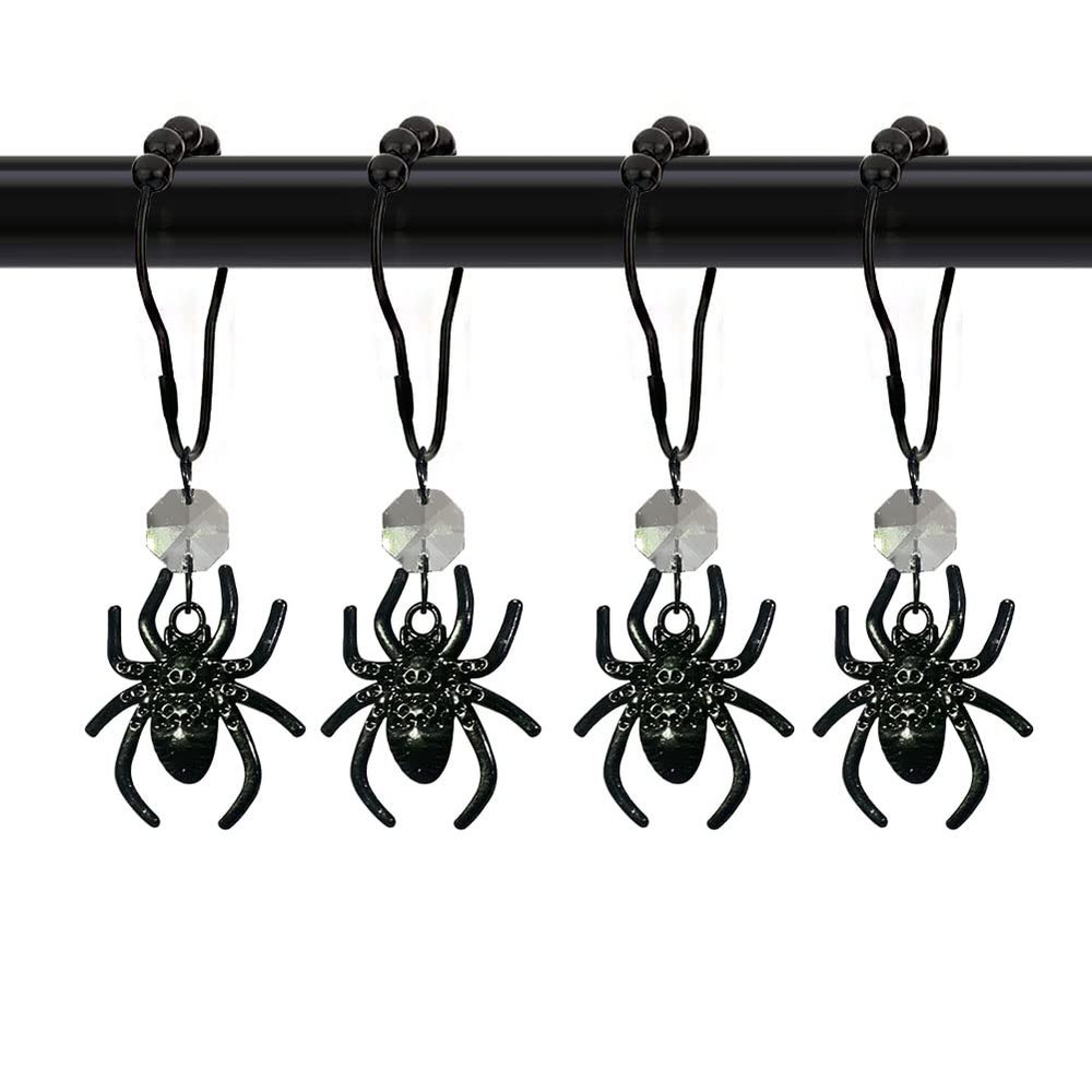 Decorative Spider Shower Curtain Hooks for Bathroom - Rust Proof Black Curtain Rings, Stainless Steel Shower Hook Set of 12 with Crystal Beads Spider Halloween Theme Bathroom Decor Accessories (Black)