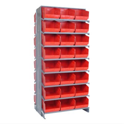 Quantum QPRD-209RD Double-Sided Display Sloped Pick Rack for Warehouse Retail Store | 800 lbs Capacity | (48) QSB207 Red Bins; (16) Shelves Configuration | 24"L x 36"W x 63.5"H, Gray, Carbon Steel