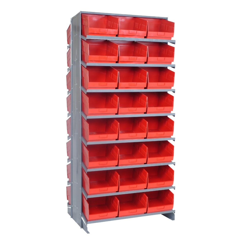 Quantum QPRD-209RD Double-Sided Display Sloped Pick Rack for Warehouse Retail Store | 800 lbs Capacity | (48) QSB207 Red Bins; (16) Shelves Configuration | 24"L x 36"W x 63.5"H, Gray, Carbon Steel
