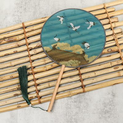 qbodp Round Hand Fan for Women,Chinese Vintage Hand Fan Classical Hanfu Round Fan for Dance,Party,Performance,Animal Crane Pattern