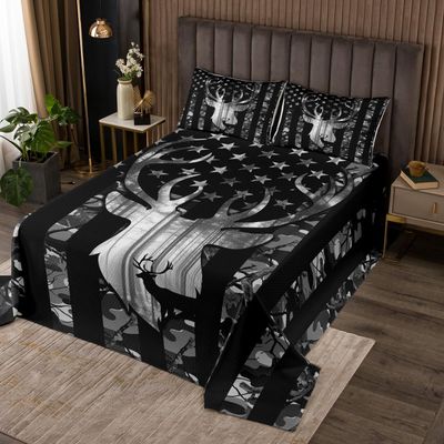 Black Grey Camo Bedspread King,Camouflage American Flag Bedding Set,Deer Antlers Silhouette Quilted Coverlet 3 Pcs for Kids Teens Adults Room,Wild Animal Natural Bedding Quilt with 2 Pillowcases
