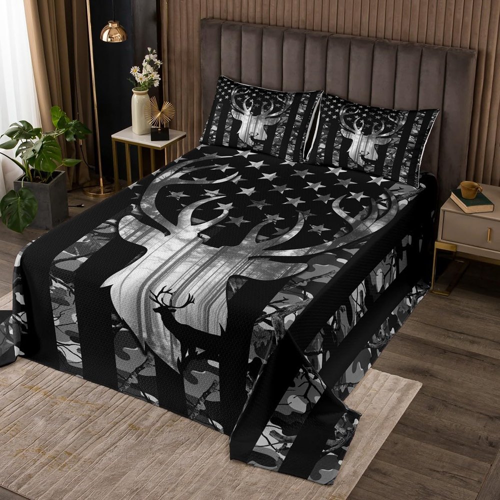 Black Grey Camo Bedspread King,Camouflage American Flag Bedding Set,Deer Antlers Silhouette Quilted Coverlet 3 Pcs for Kids Teens Adults Room,Wild Animal Natural Bedding Quilt with 2 Pillowcases
