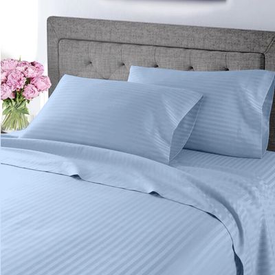 My-100%-Certified-Giza-Cotton-Pillow-Sheet, Giza Egyptian Sheet Set Split Flex Top King Size, Soft Sateen Weave Breathable, Fits Upto 12-Inch Deep Pocket - Split Head King, Light Blue Stripe