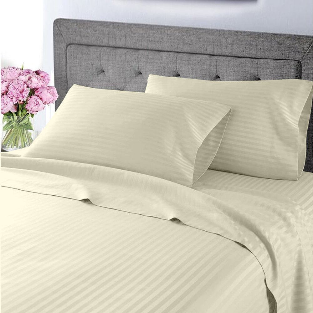 My-100%-Certified-Giza-Cotton-Dreams-Pillow-Sheet, Giza Egyptian Sheet Set Split Flex Top King Size, Soft Sateen Weave Breathable, Fits Upto 15-Inch Deep Pocket - Split Head King, Ivory Stripe