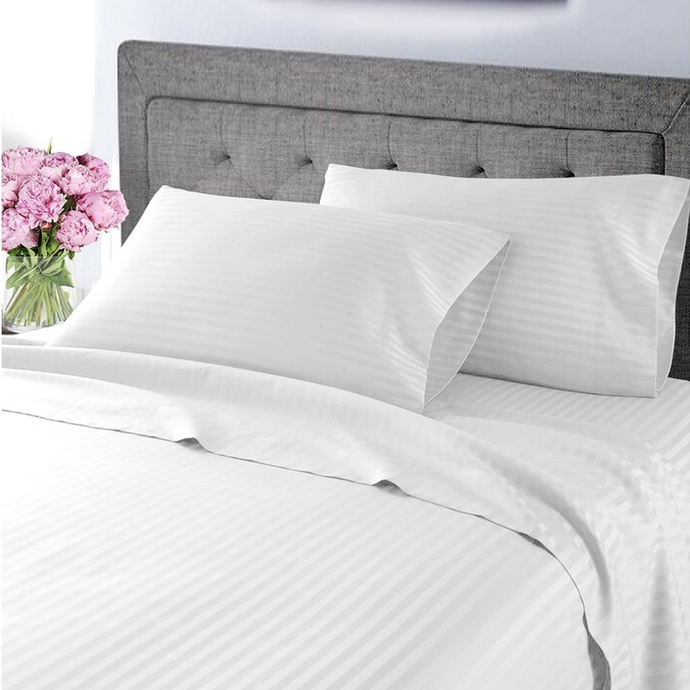 Neighbourhood Home My-100%-Certified-Giza-Cotton-Pillow-Sheet, Giza Egyptian Sheet Set King Size, Soft Sateen Weave, Breathable Fabric, Fits Upto 10-Inch Deep Pocket - King, White Stripe