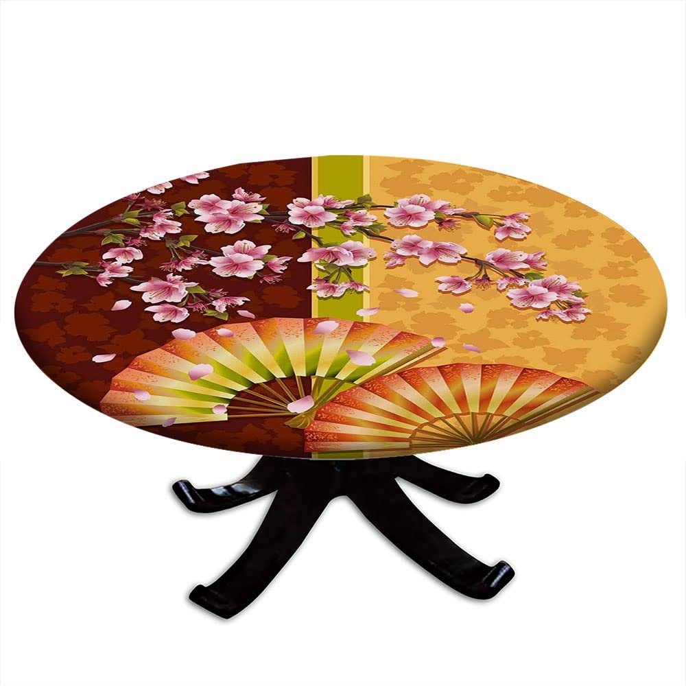 Floral Round Table Cloth, Composition of Burgeoning Sakura Blooms Japanese Garden Art, Elastic edge, Suitable for dining tables, self-service parties and camping, Fit for 44" table, Pink Marigold