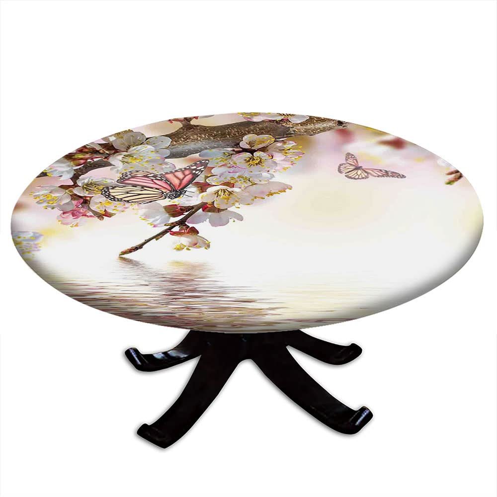 Japanese Round fitted tablecloth, Natural Floral Japanese Style Garden with Cherry Blossom Sakura Butterfly, Elastic edge, For dining tables, buffet parties and camping, Fit for 24" table, Pink Yellow