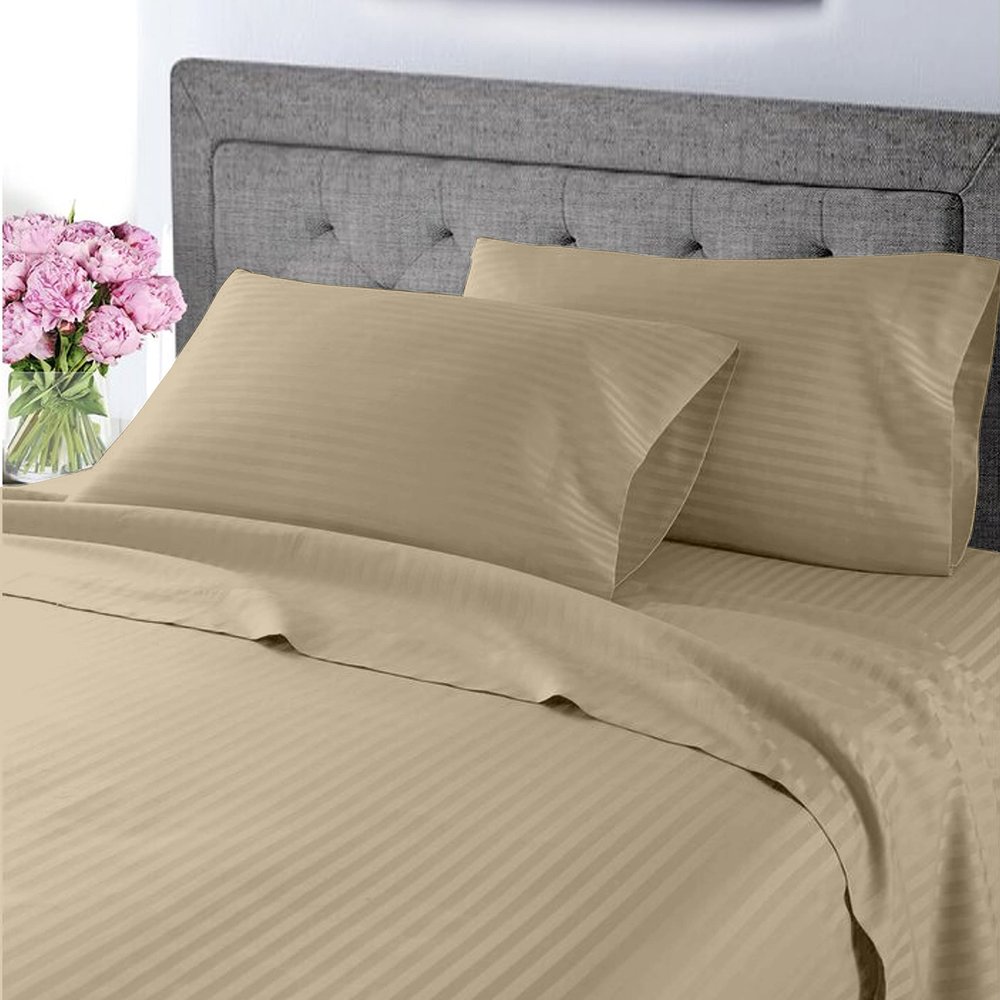 My-100%-Certified-Giza-Cotton-Dreams-Pillow-Sheet, Giza Egyptian Sheet Set Split Flex Top King Size, Soft Sateen Weave Breathable, Fits Upto 15-Inch Deep Pocket - Split Head King, Taupe Stripe