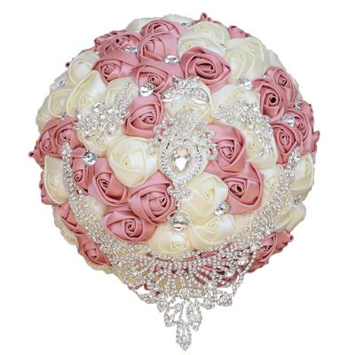 7.1 Inch Handmade Satin Rose Bridal Bouquet Toss Round Wedding Bouquet Throw Toss Artificial Flower Bunch Shimmering Blush Pink + Ivory