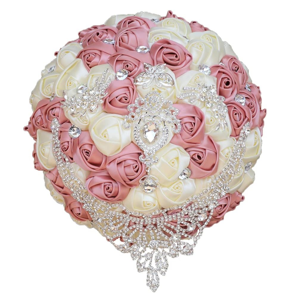 7.1 Inch Handmade Satin Rose Bridal Bouquet Toss Round Wedding Bouquet Throw Toss Artificial Flower Bunch Shimmering Blush Pink + Ivory
