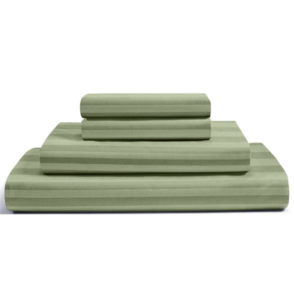 Femini Fashion RV King Size Giza Egyptian Sheets Set, 100% Giza Egyptian 1000-Thread Count Cotton, 4-PC [Flat Sheet, Fitted Sheet, Pillowcases] 15 inch Deep Pockets - Sage Stripe