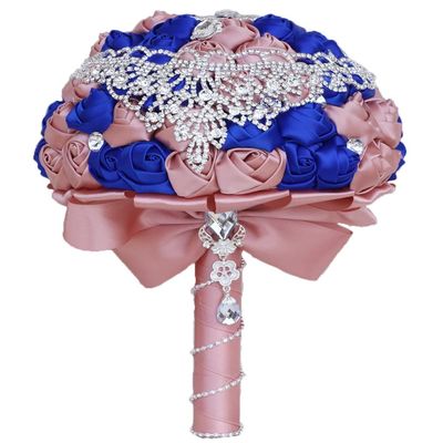 7.1 Inch Handmade Satin Rose Bridal Bouquet Toss Round Wedding Bouquet Throw Toss Artificial Flower Bunch Shimmering Blush Pink + Royal Blue
