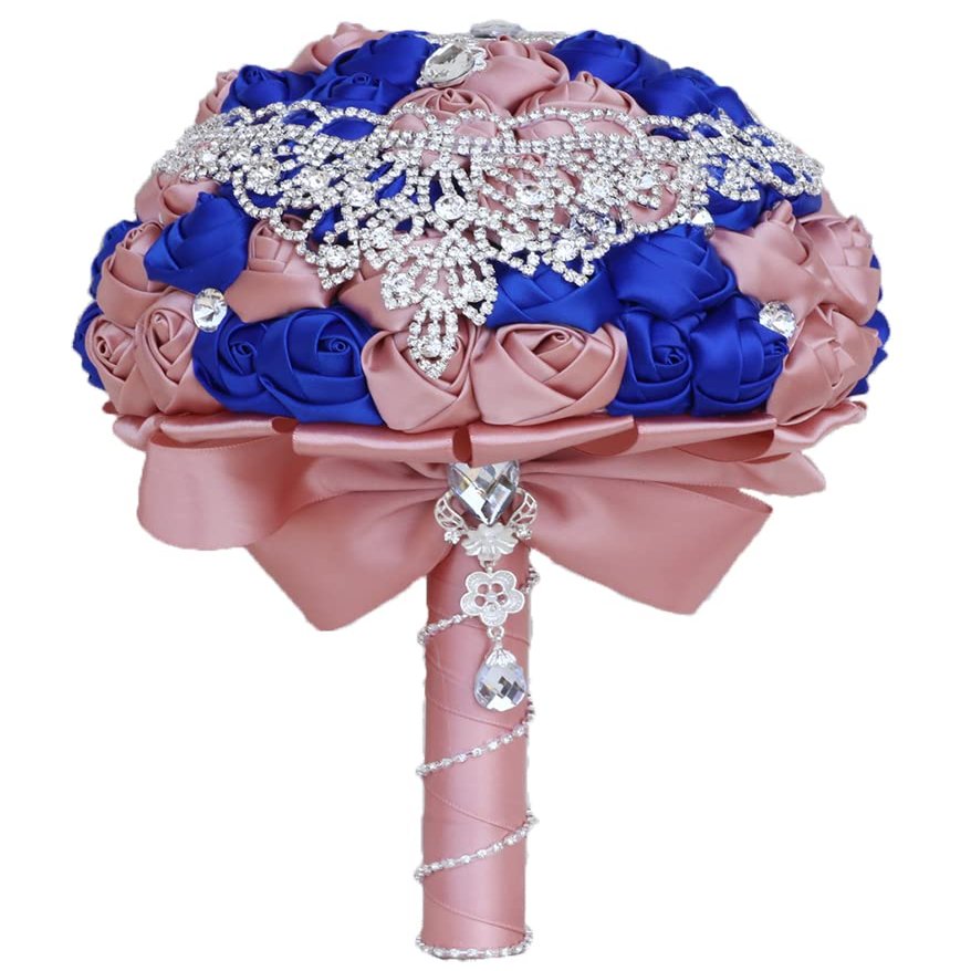 7.1 Inch Handmade Satin Rose Bridal Bouquet Toss Round Wedding Bouquet Throw Toss Artificial Flower Bunch Shimmering Blush Pink + Royal Blue