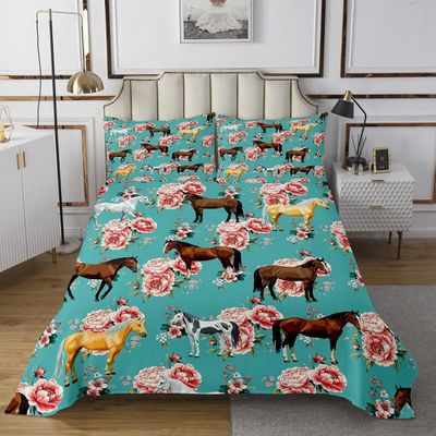 Erosebridal Girls Twin Size Pink Flower Horse Bedspread Quilt Set for Kids & Women Cowboy & Cowgirl Basic Decor Farm Animal Gifts