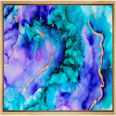NWT Framed Canvas Print Wall Art Teal, Purple & Gold Watercolor Waves Abstract Shapes Illustrations Modern Art Contemporary Colorful Ultra for Living Room, Bedroom, Office - 16"x24" Natural