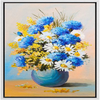 NWT Framed Canvas Print Wall Art Textured Paint Effect Blue Carnations & White Daisies Floral Plants Illustrations Modern Art Chic Closeup Colorful for Living Room, Bedroom, Office - 16"x24" White