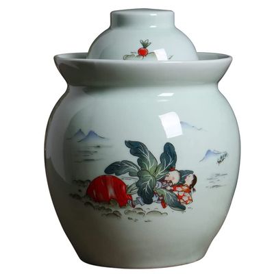 QPZK Traditional Chinese Porcelain Pickle Jar, Jingdezhen Ceramic Fermentation Crock Pickling Pot,Fermenting Jar with Water Seal Airlock Lid Stoneware Fermenter for Kimch L