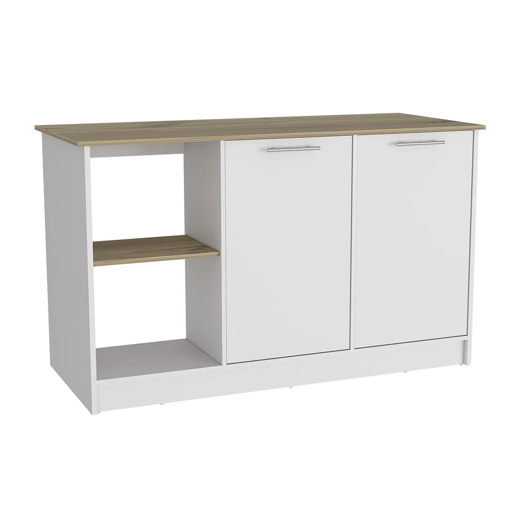 Juniper Kitchen Island with Large Prep and Serving Top, Double-Door Cabinet with Interior Shelves, Dual Open Storage Shelves and Modern Space-Saving Design for Enhanced Organization, Meal Preparation