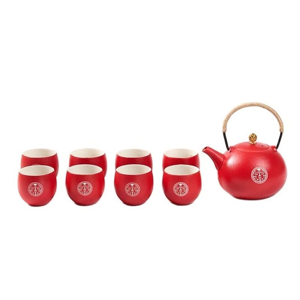 Ceramic Tea Pot Set Household Tea Pot and Cup Set Chinese Style Wedding Red Teaware Gifts A Pot of Eight Cups