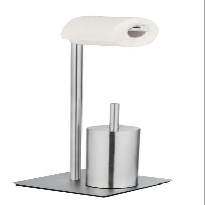 WENKO Recco Free-Standing Toilet Brush Set, WC Brush and Toilet roll Holder Made of Satin-Finish Stainless Steel on a Heavy Base Plate, incl. WC Brush Set with Silicone Brush Head, 20 x 71.5 x 20 cm