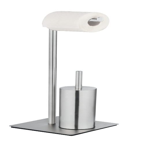WENKO Recco Free-Standing Toilet Brush Set, WC Brush and Toilet roll Holder Made of Satin-Finish Stainless Steel on a Heavy Base Plate, incl. WC Brush Set with Silicone Brush Head, 20 x 71.5 x 20 cm