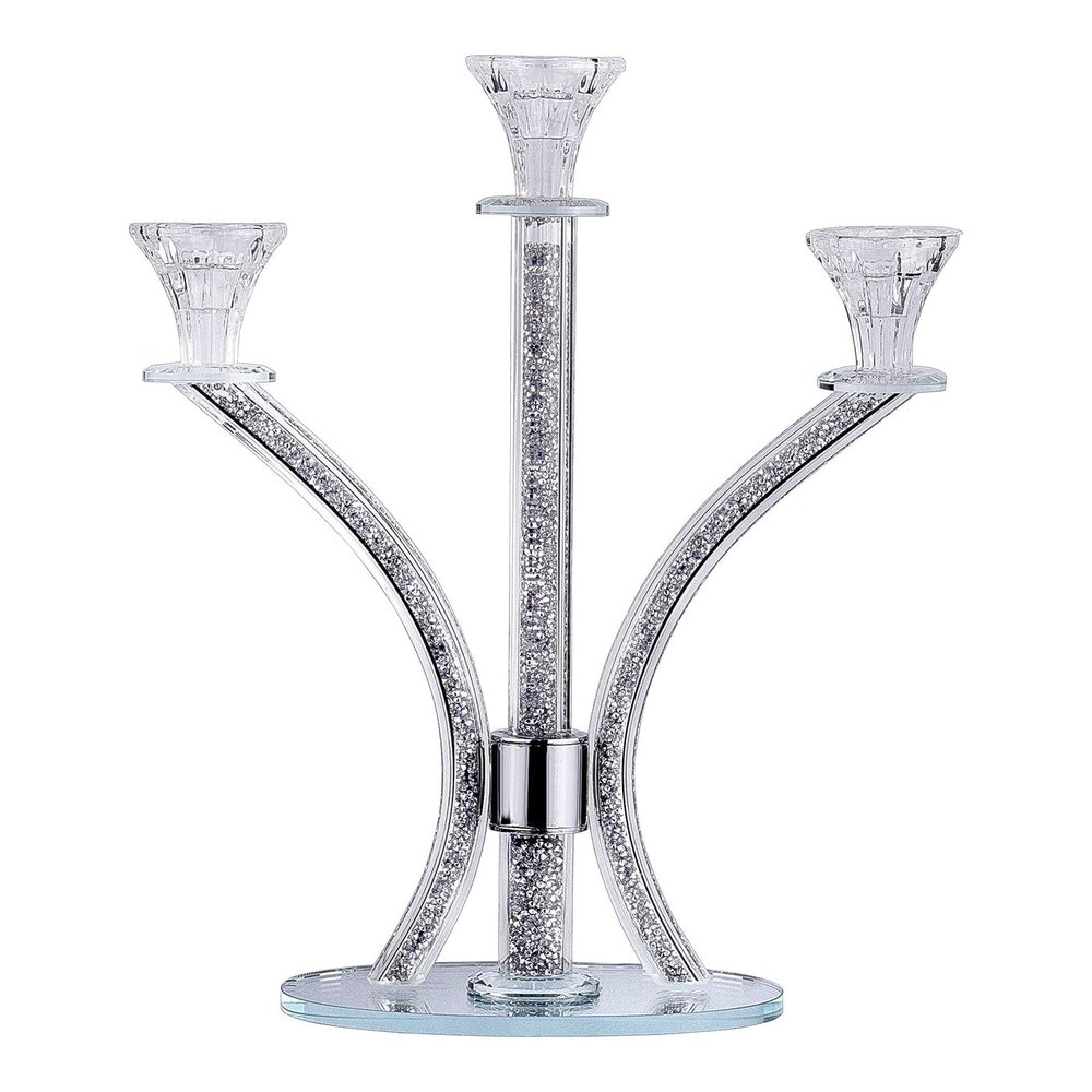 (D) Judaica Crystal Candelabra with Stones 3 Arms 14.17" (Silver Gemstones)