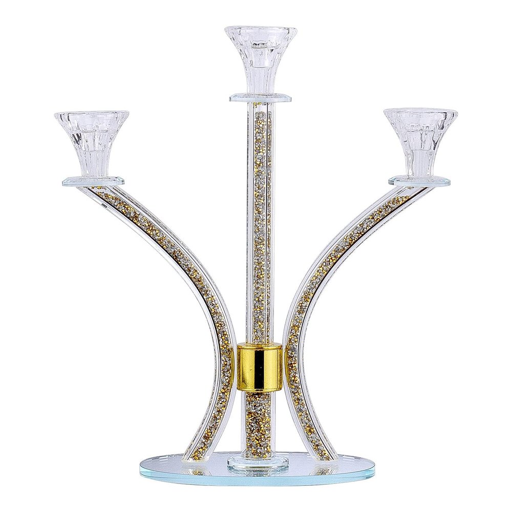 (D) Judaica Crystal Candelabra with Stones 3 Arms 14.17" (Silver Gold Gemstones)