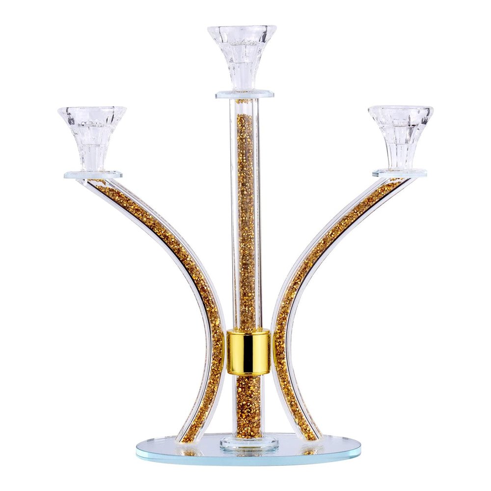 (D) Judaica Crystal Candelabra with Stones 3 Arms 14.17" (Gold Gemstones)