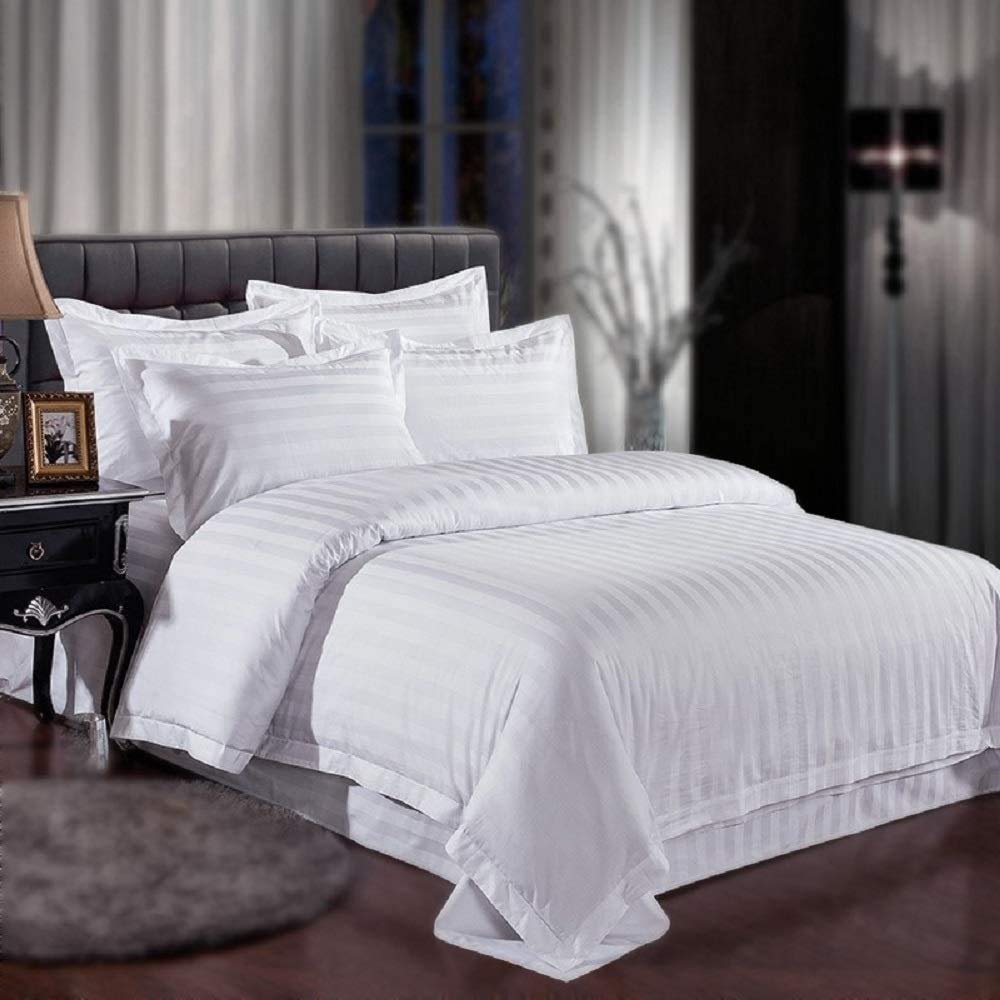 Pride Beddings - 400 TC Egyptian Cotton- Full Sheets Set + Duvet Cover- 7 Piece Set (1 Duvet Cover, 1 Fitted Sheet, 1 Flat Sheet + 4 Pillow Cover) - White Stripe