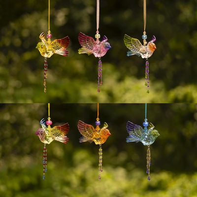 5-Tone Multicolor Crystal-Quality Flying Acrylic Bird Hanging Ornament Decorations (Robin with Beaded Tassel, Set of All 6 (1 of Each Color))