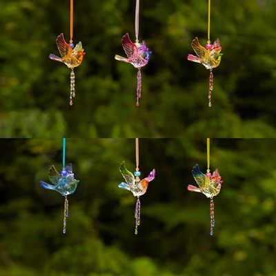 5-Tone Multicolor Crystal-Quality Flying Acrylic Bird Hanging Ornament Decorations (Chickadee with Beaded Tassel, Set of All 6 (1 of Each Color))