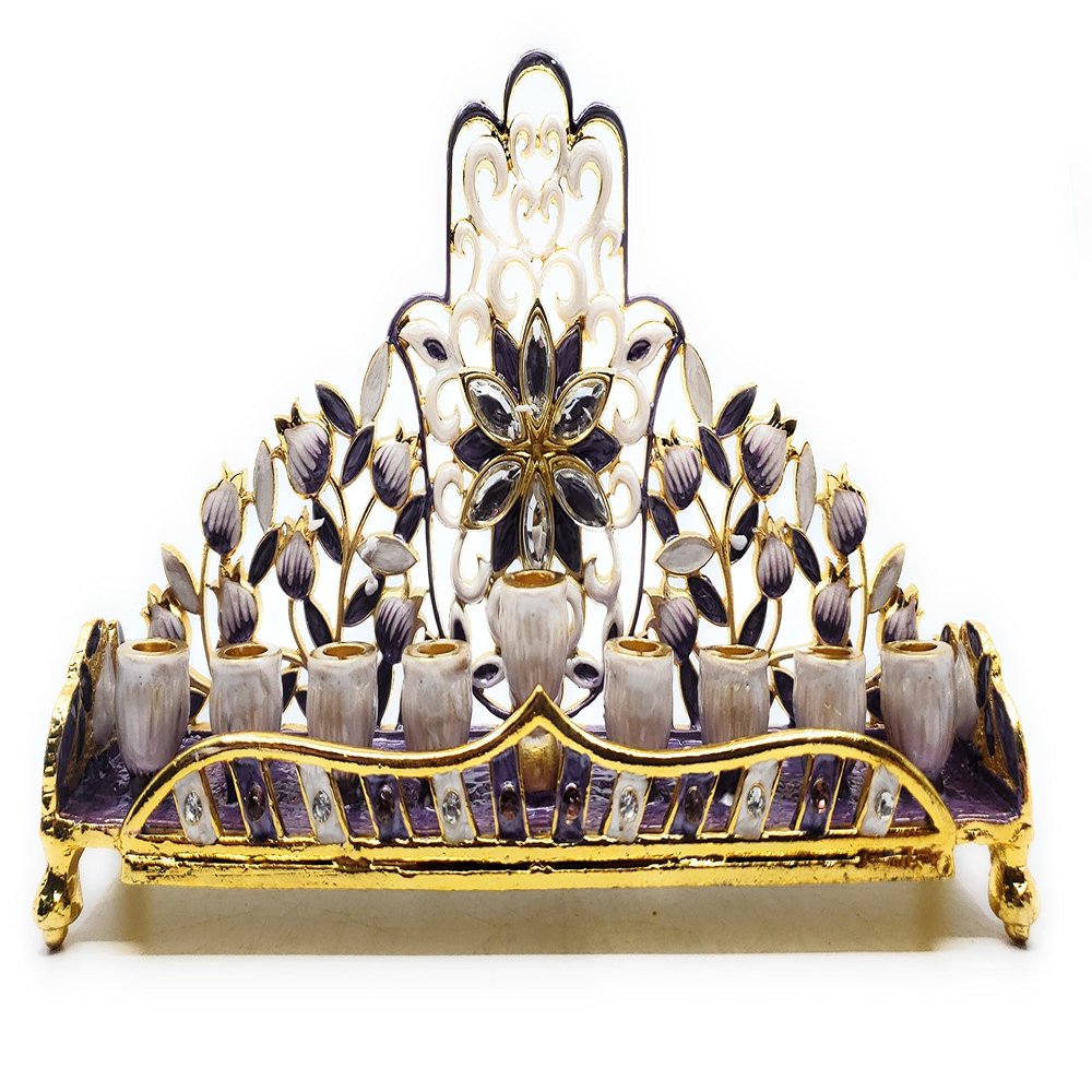 Low Chanukah Menorah Enamel on Pewter with Genuine Austrian Crystals Floral Design (Purple)