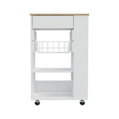 Rosemont Kitchen Cart, 2 Open Shelves, 4 Casters, 1 Drawer, White/Light Oak