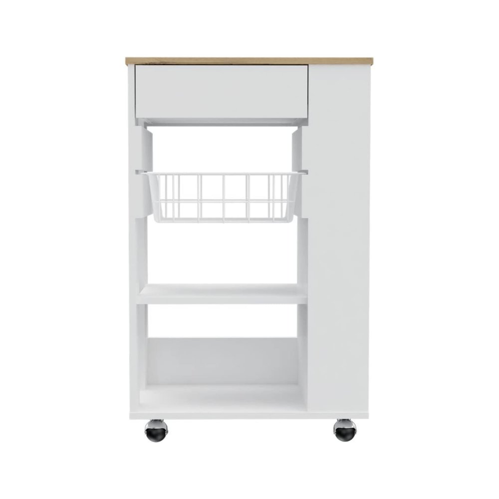 Rosemont Kitchen Cart, 2 Open Shelves, 4 Casters, 1 Drawer, White/Light Oak